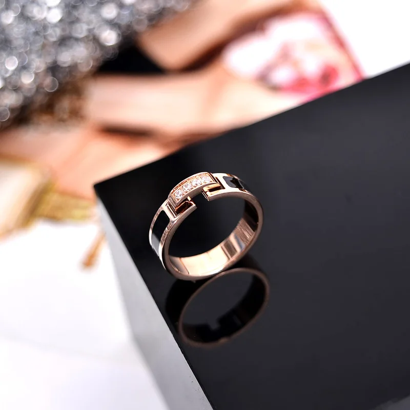 YUN RUO New Arrival Luxyry CNC Zircon Crystal Inlay Black Ring for Woman 316L Stainless Steel Jewelry Rose Gold Color Never Fade