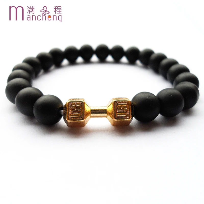 New design Black Onyx Matte Onyx Dumbbell Live Lift Bracelet,Good quality Fitness Barbell Charm Beaded Live Lift Yoja Bracelet