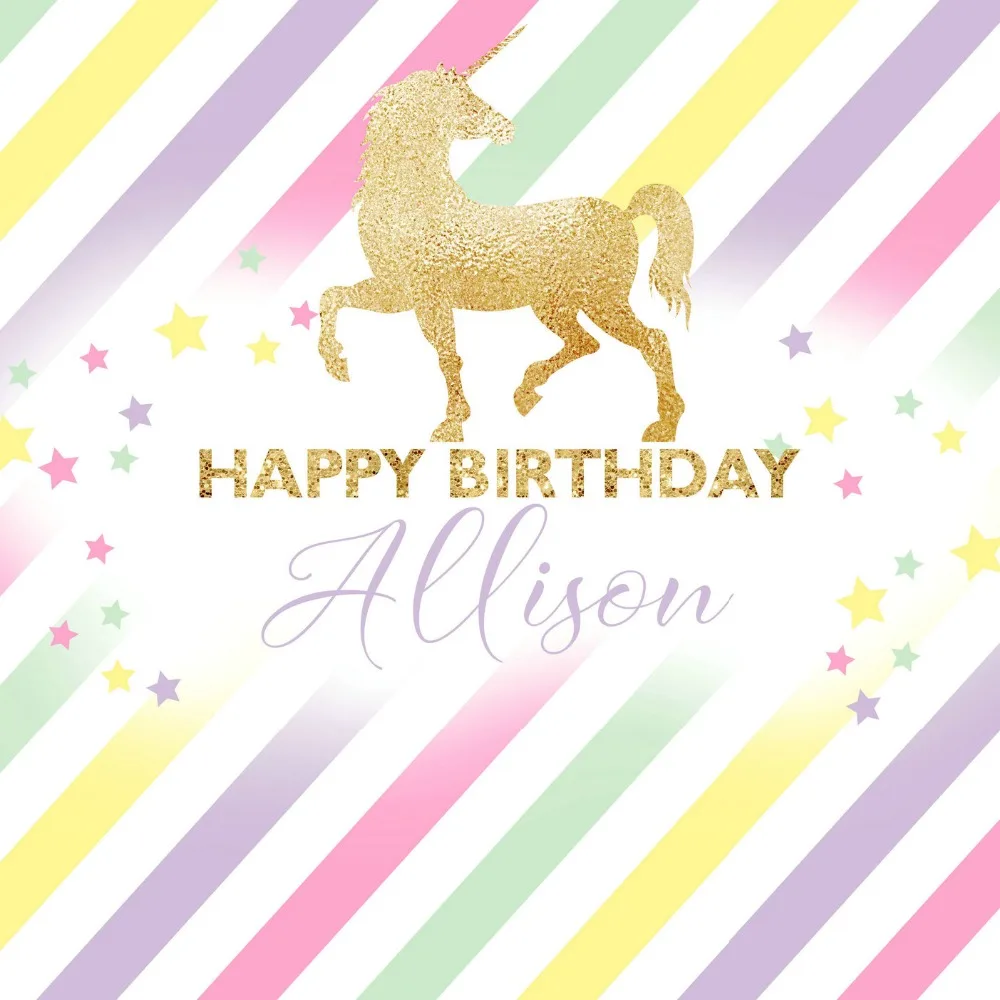 

custom Gold Unicorn Rainbow Happy Birthday Striped Star background High quality Computer print party photo backdrop