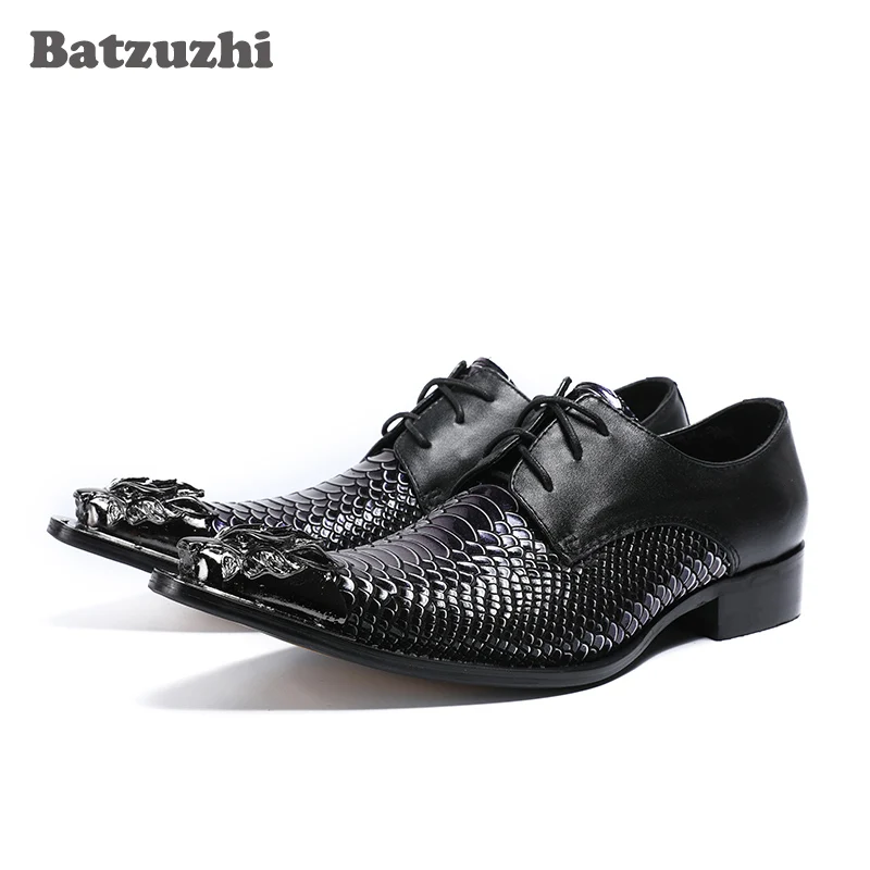 Batzuzhi Luxury Men Dress Shoes Black Genuine Leather Men Shoes Iron Pointed Toe Fish Scales Leather Business Shoes Sepatu Pria