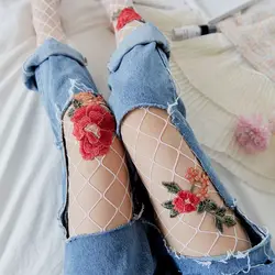Sexy Lady Transparent Fishnet Tights Flower Silk Stockings Mesh Pantyhose Lady Embroidery Flowers Tights