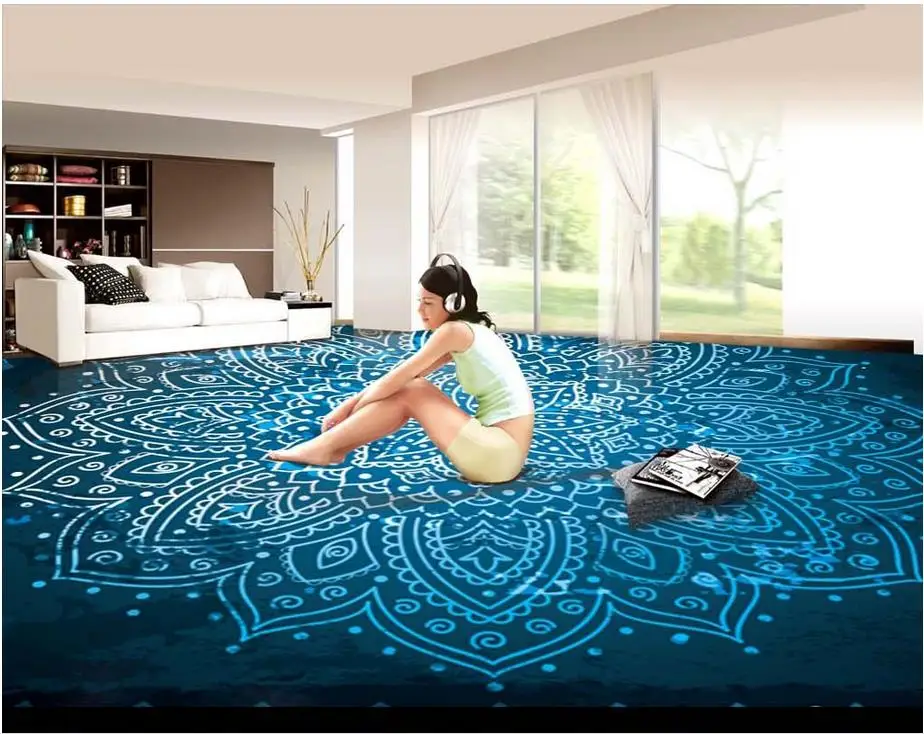 

3d customized wallpaper 3D three-dimensional fantasy blue flower floor pvc wallpaper 3d Home Decoration