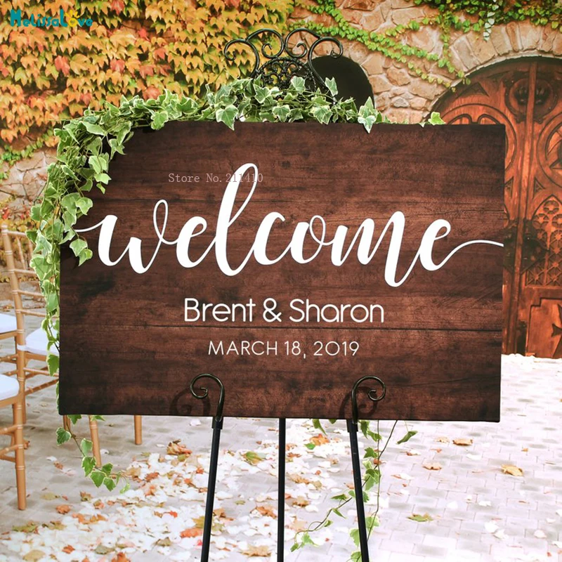 Modern Design Wedding Welcome Sign Rustic Wood Decals Custom Name and Date Decoration Art Murals Easel Not Included YT1330