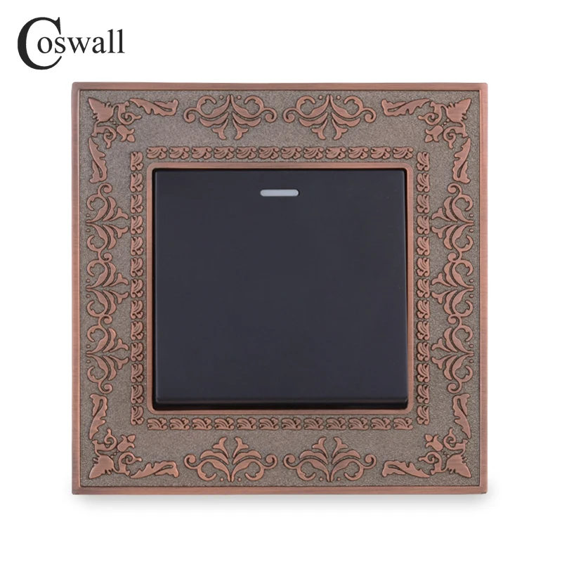 Coswall 1 Gang 1 Way Rocker Wall Switch 4D Embossing Retro Zinc Alloy Panel Luxury On / Off Light Switch 16A AC DC 10~250V