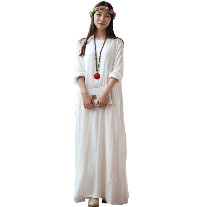 

LZJN Original White Maxi Dress 2019 Cotton Linen Women Long Dress 9 Points Sleeve Casual Gown Robe Femme Vestido Bayan Elbise