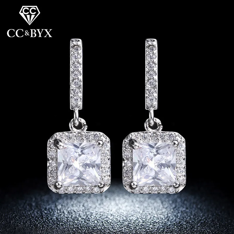 Fine Jewelry Drop Earrings For Women 925 Silver Needle White Gold Plated Wedding Stud Earring Square Cubic Zirconia Stone E033