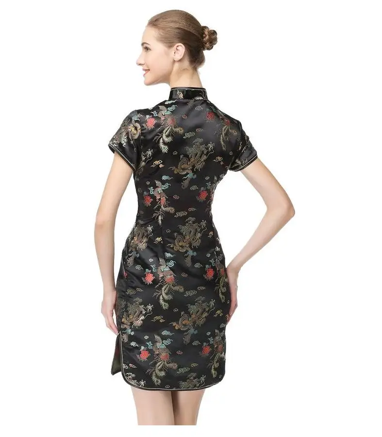 Abito tradizionale cinese nero da donna in raso Qipao estivo sexy vintage cheongsam fiore taglia SML XL XXL