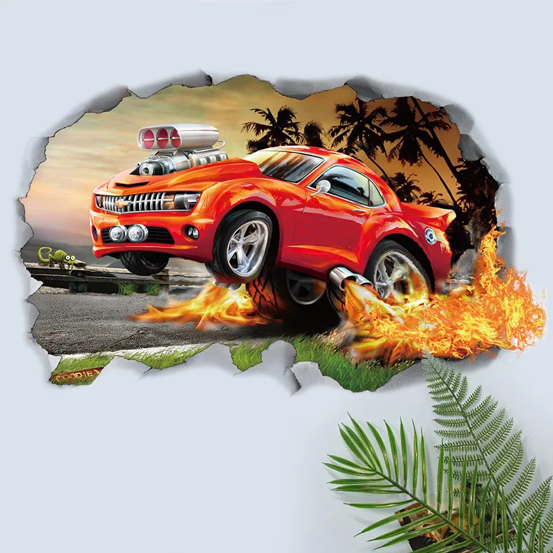 3D Broken Wall Chevrolet Car For Boys Bedroom Self Adhesive Kids Room Wallpaper Cartoom Car Poster Mural Wall Stickers