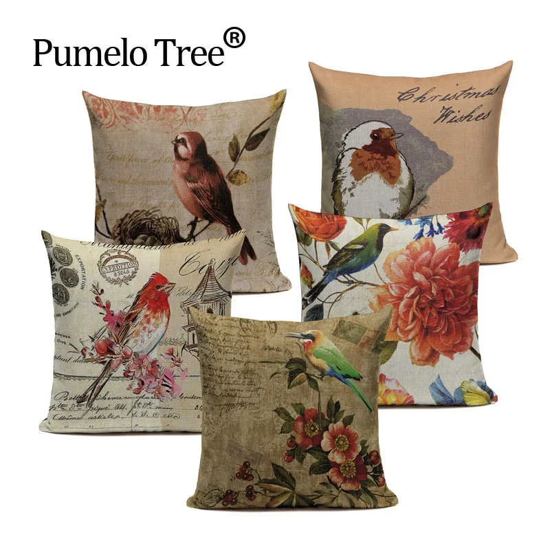 Cushion Cover Retro Style Throw Pillow Cotton Linen Bird Text Decorative Pillows Flower Pillow Case for Sofa Car Home Custom