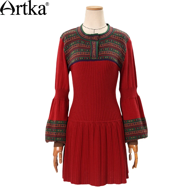 ARTKA Women\'s Autumn&Winter Casual Slim Warm Sweater Dress Vintage Lantern Sleeve All-match Knit One-piece Dress LB15838D