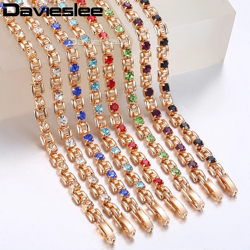 Davieslee Womens Bracelet Jewelry 585 Rose Gold Color Bracelets For Women Square Bismark Multi Colors CZ Stone 5.5mm DGBM101