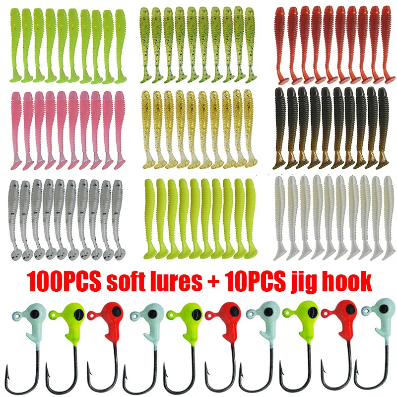 110pcs/Lot Jigs Lead Hook Soft Lures Set Silicone Tail Swimbaits Artificial Bait 10 Colors Bass Carp Wobblers Fishing Tackle Kit