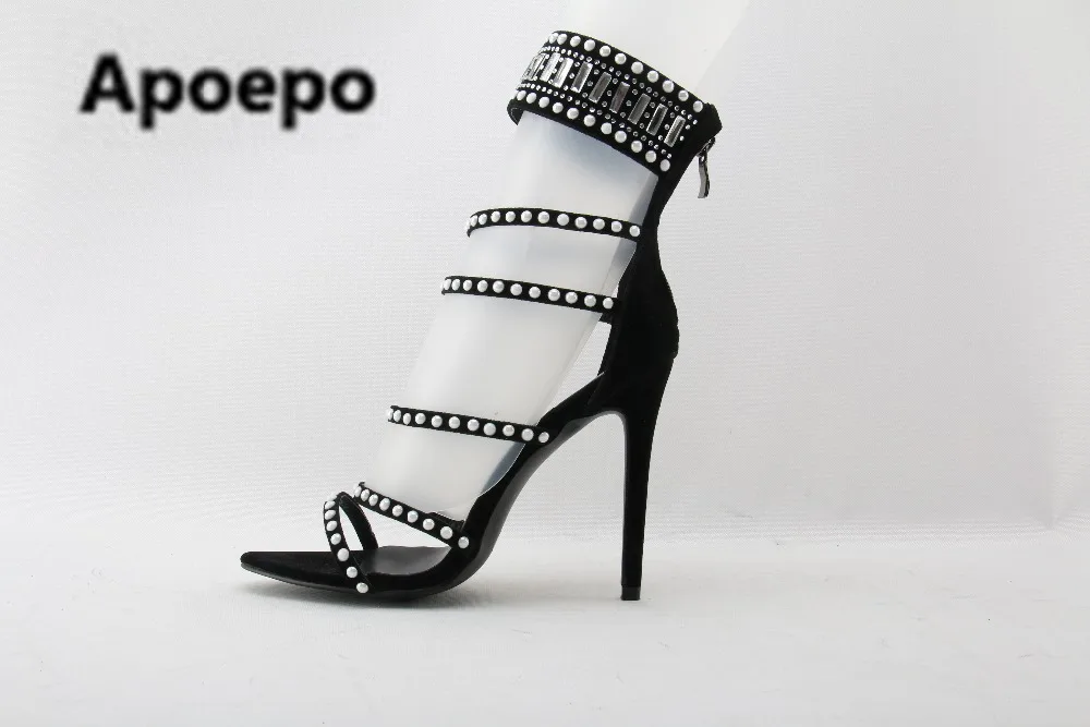 

Sales 2022 gladiator sandals black suede high heels sandals women white crystal gladiator boots women summer pearl party pumps