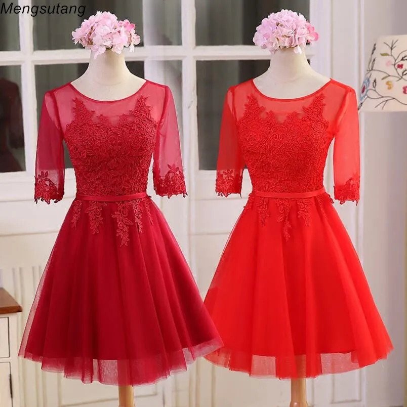 Robe De Soiree 2024 Red half Short A-Line O-Neck Lace up Embroidery Elegant bridesmaid dresses Banquet Prom Party Gown