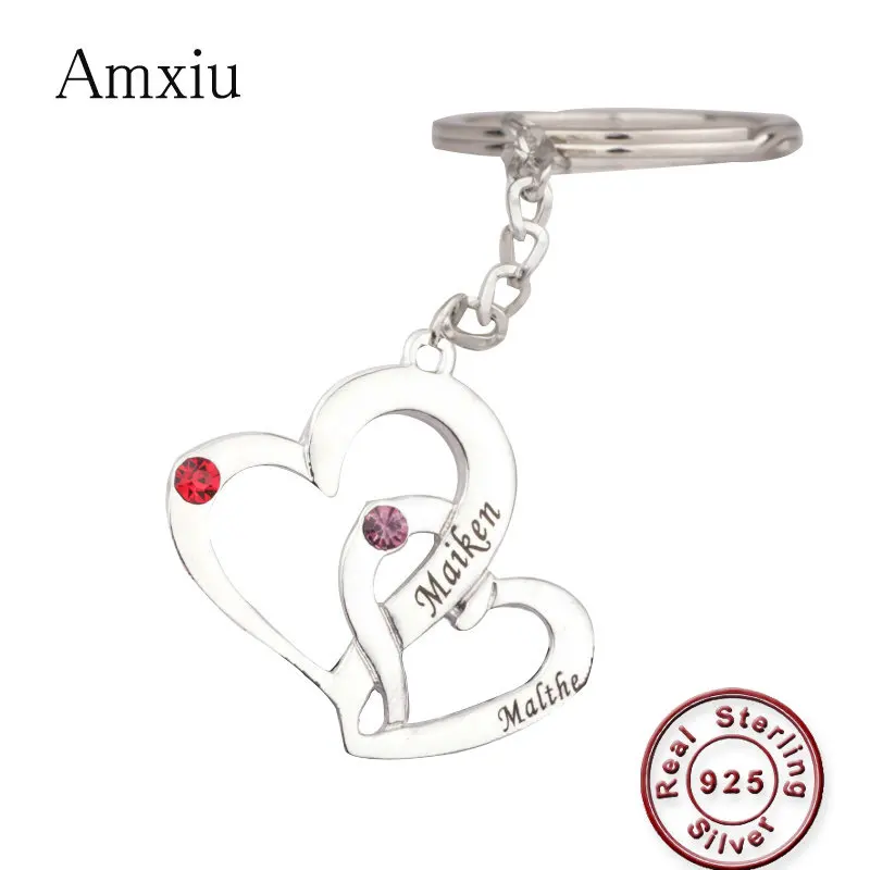 

Amxiu Custom 925 Sterling Silver Heart Keychains Engrave Two Names Key Chains For Women Lovers Birthday Party Gifts Accessories