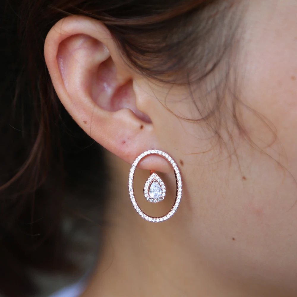 NEW style Frond double sided earring for women AAA cubic zirconia cz geometric elegance wedding engagement OVAL earring jewelry