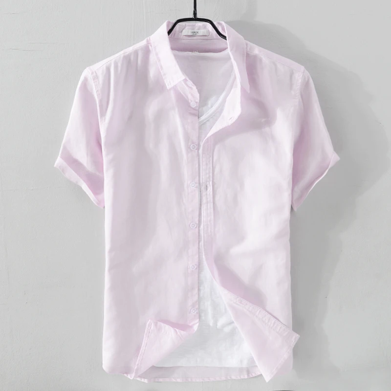 

New Italy style short sleeve linen shirt men summer flax mens shirt turn-down collar solid pink shirts male chemise de marque