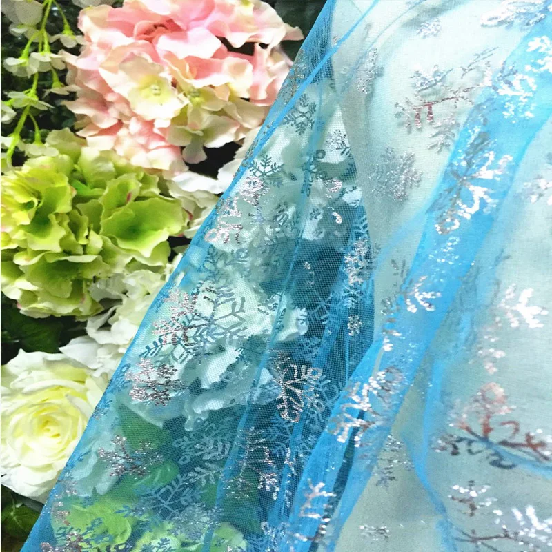 1 Yards Blue Snowflake Organza Sequin Fabric DIY Baby shower Skirt Sewing Princess Dress Doll Clothing Wedding Party Decor Cloth