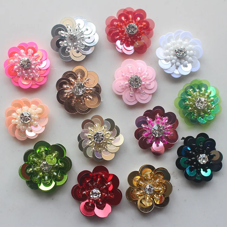 

50pcs/lot rhinestone sequined 3D flower sew-on small patch for clothing diy accessories decoration 2.3cm