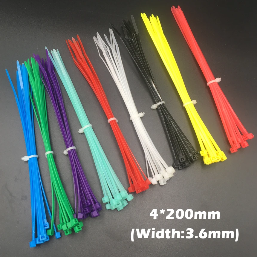 100pcs 4x200 4*200mm (3.6mm Width) Red Blue Black Green Nylon66 Network Electric Wire String Zip Fastener Self-Locking Cable Tie