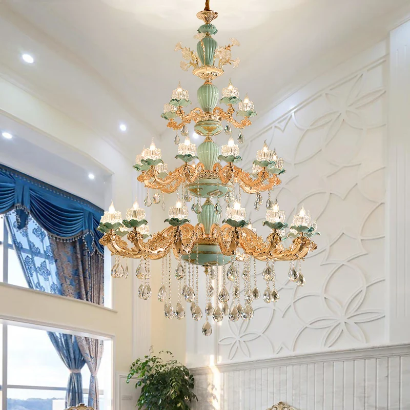 European Luxury Crystal Chandeliers Living Room Bedroom Chinese Ceramic Chandelier Light Hotel Hall Stair Painted Ceramic Lights