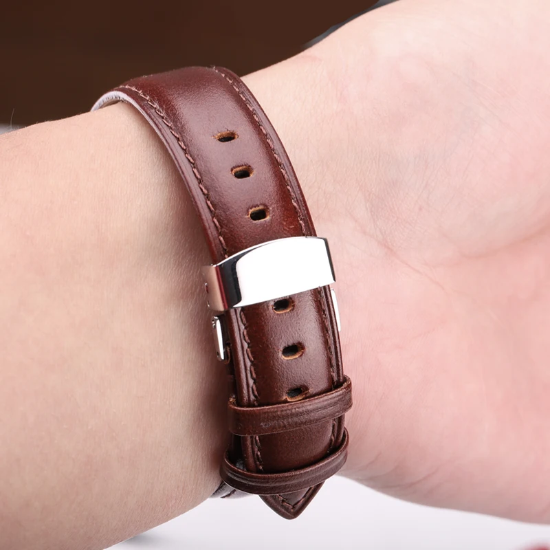 Genuine Leather Smooth Watchbands Black Brown 18 19 20 21 22 24mm Women Men Watch Band Strap Wrist Belt Bracelet Steel Clasp