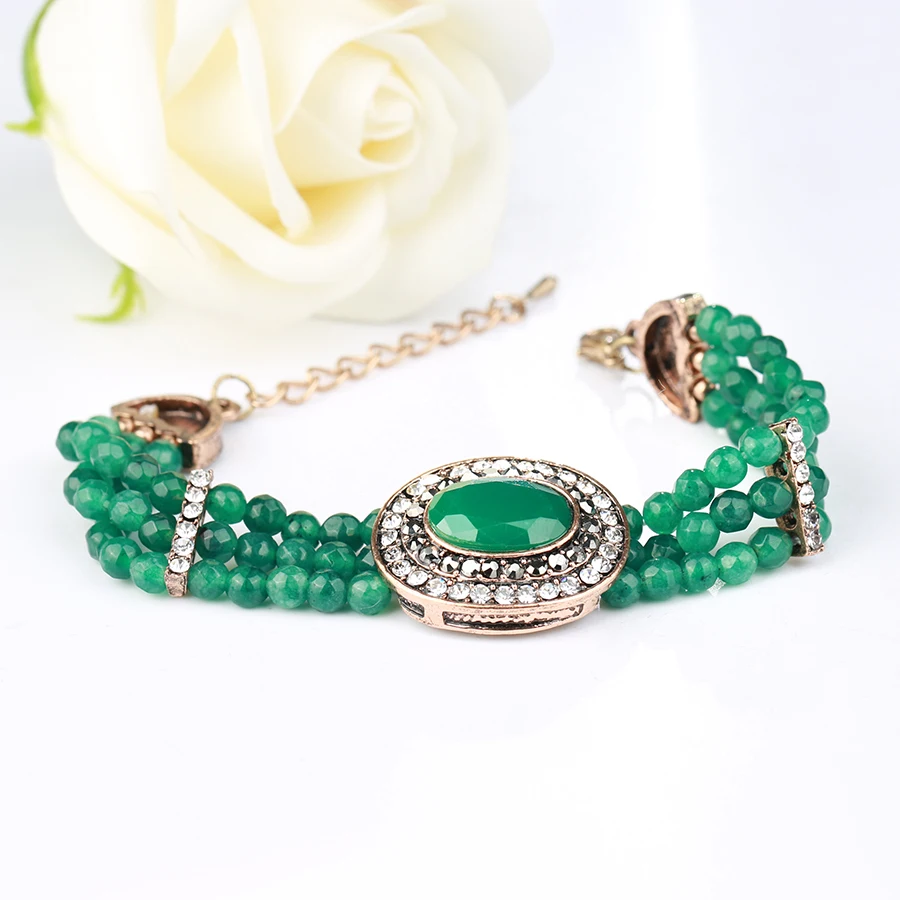 Wbmqda Luxury Green Natural Stone Bracelet For Women Antique Gold Crystal Hand Made Turkish Wedding Jewelry