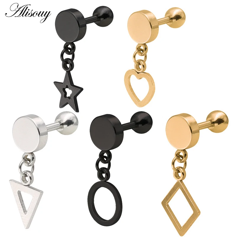 Alisouy 2 PC Star สามเหลี่ยมสแควร์รอบจี้หัวใจผู้หญิงผู้ชาย EAR STUD ต่างหูสแตนเลส Tragus กระดูกอ่อน Helix Piercing