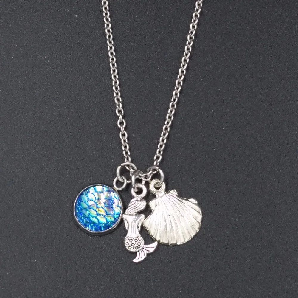 Bulk 10pcs Mermaid Scale Seashell Pendant Necklace Ocean Sea Beach Theme Stainless Steel Chain Wholesale Handmade DIY Jewelry