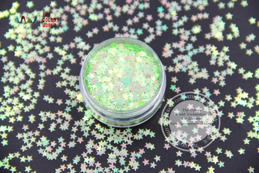 TCI51 Pearlescent Indescent Light Green Colors Stars shape 3.0MM Size Glitter for nail Art nail gel makeup or DIY decoration