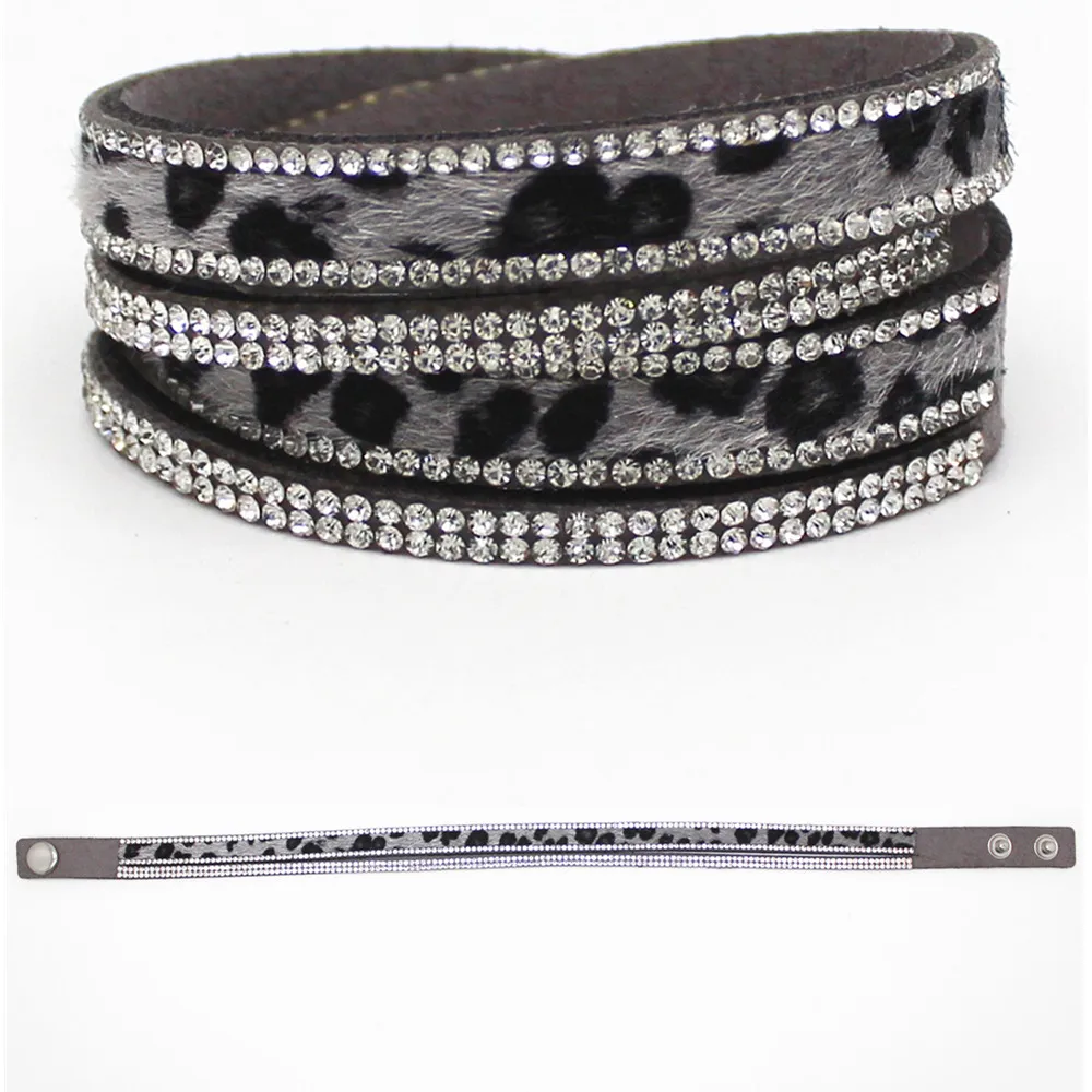 Hot 2024 Fashion Rhinestone Leather Wrap Bracelet Crystal Multilayer Leopard Grain Bracelets bangles for Women