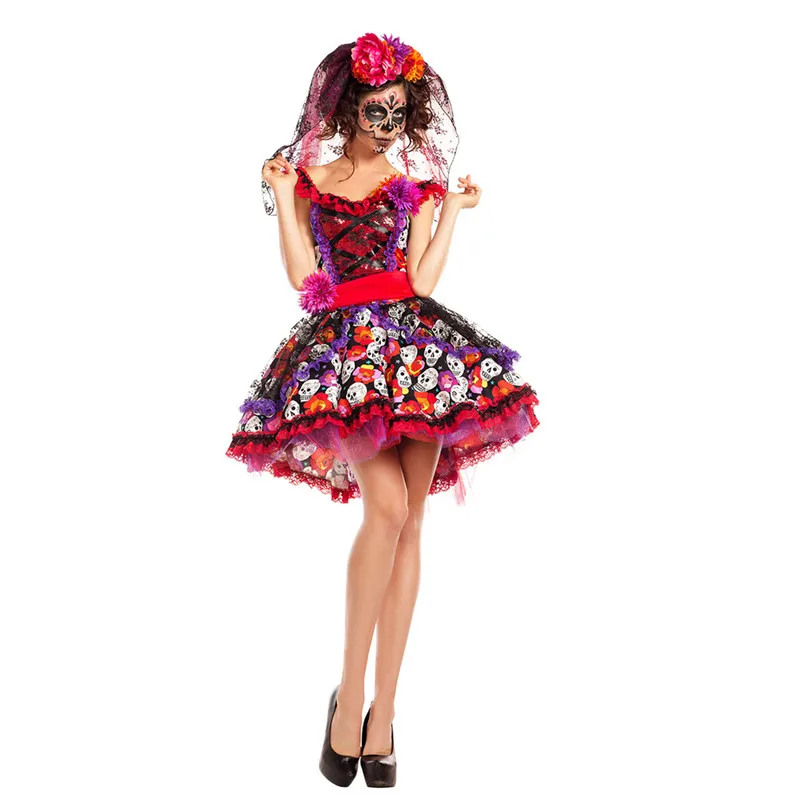 Women Halloween Sexy Creative Skull Ghost Corpse Bride Costume Skeleton Day of The Dead Costume Cosplay Flower Fairy Fancy Dress