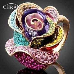 Chran Fashion Rose Design Crystal Engagement Rings for Women Elegant Enamel Costume Jewelry Ring Ladies Gifts