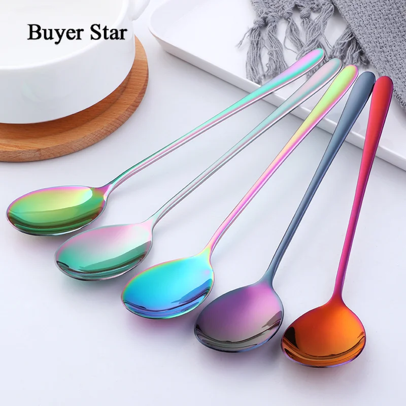 Buyer Star Colorful Coffee Spoon 304 Stainless Steel Long Handle 5 Color Korean Mixing Spoons Set Dessert Long Ice Kitchen Scoop