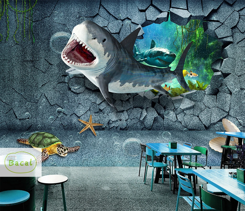 

Bacal Custom Photo Mural 3D Non-woven Broken wall Wallpaper Underwater World Fish Shark Children Room Living Room Wall Decor