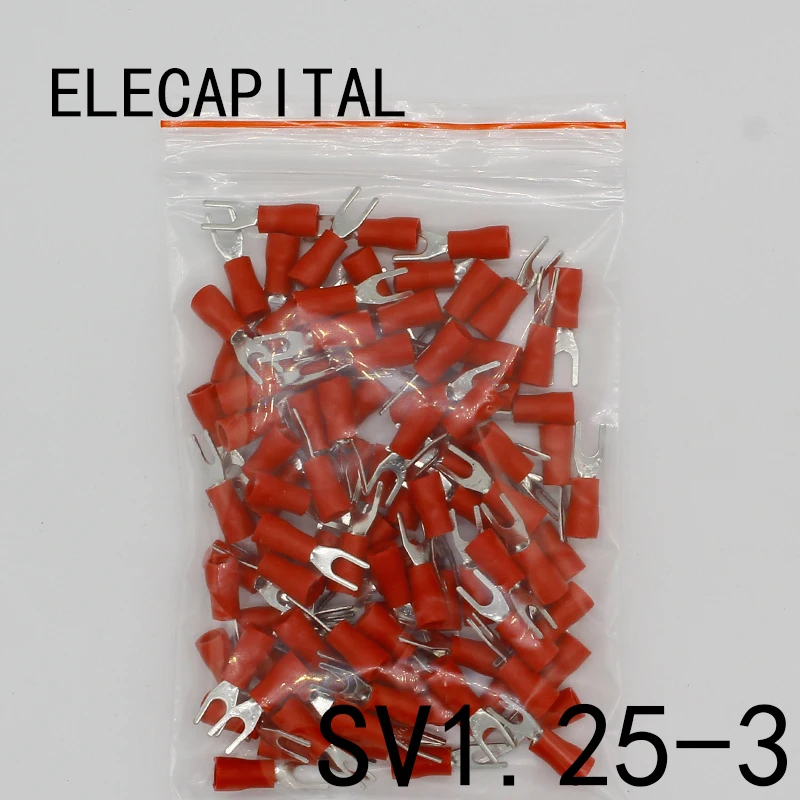 SV1.25-3 Red Furcate Terminal Cable Wire Connector Insulated Wiring Terminals electrical Lug crimp terminal 100PCS SV1-3 SV