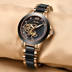 SUNKTA Diamond Surface Ceramic Strap Watch Fashion Waterproof Women Watches Top Brand Luxury Quartz Watch Women Relogio Feminino