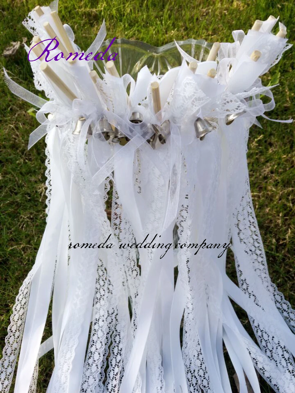 Free shipping 50pcs/lot New Arrival white Wedding Wands Lace ribbon stick with horns Bells - Custom Colors- ribbon streamers