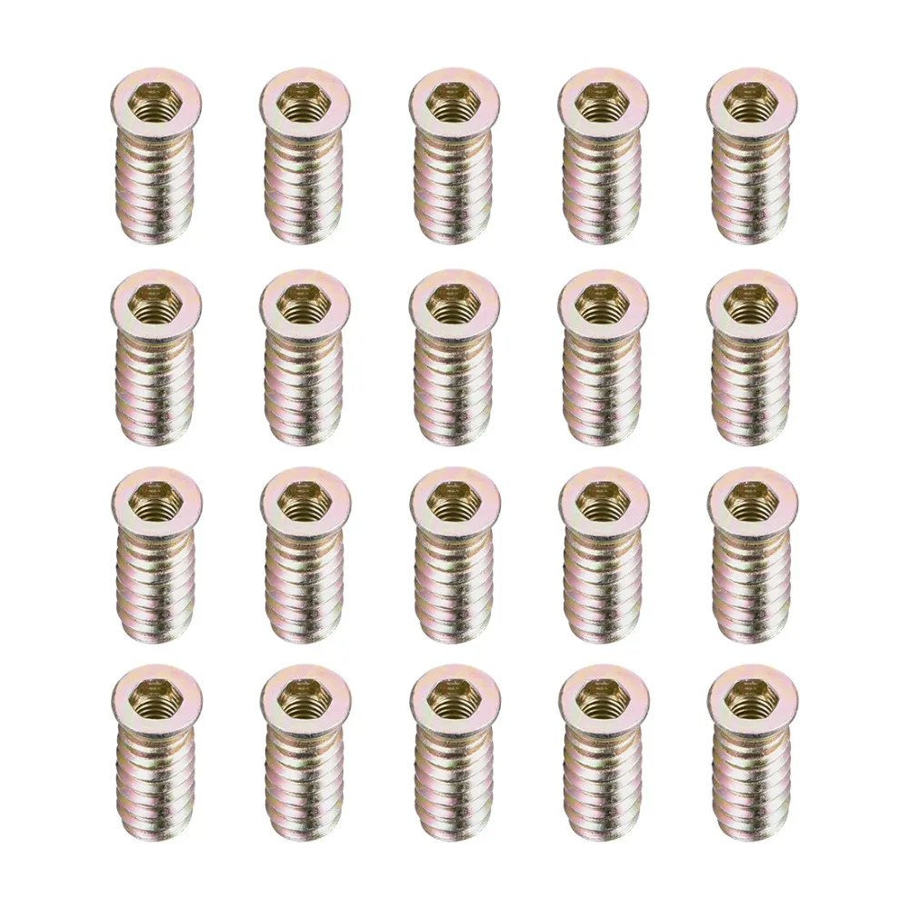 Uxcell 20 sztuk M6 wkładka gwintowana nakrętki interfejs Hex Socket 10/13/15/17/20/25mm drewniane akcesoria meblowe śruby ze stali węglowej