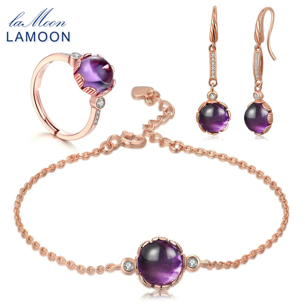 LAMOON Natural Gemstone Purple Amethyst S925 Sterling Silver Fine Jewelry Sets for Women Wedding Classic Bijoux Femme V038-1