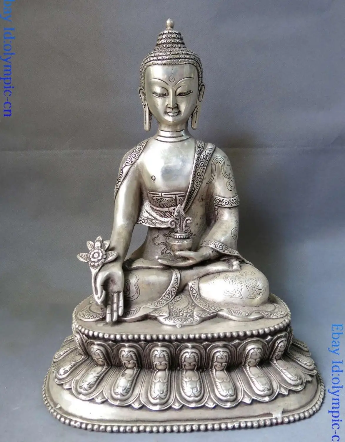 

30CM 12" China silver buddhism lucky eight treasure Medicine Buddha sculpture Statue