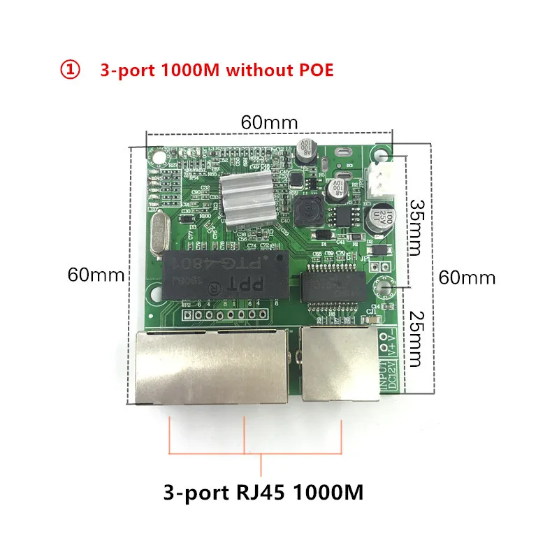 El módulo de interruptor Gigabit de 3 puertos se utiliza en la línea LED, 3 puertos, 10/100/1000 m, puerto de contacto, mini MÓDULO DE INTERRUPTOR, placa base PCBA