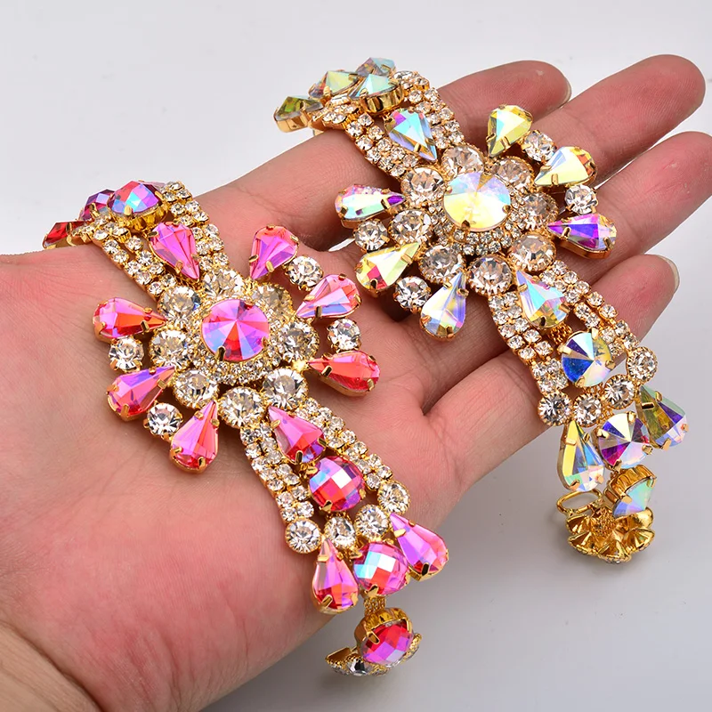 JUNAO 45x180mm Sewing AB Crystal Flatback Glass Rhinestones Chain Flower Strass Applique Bikini Belt Jewelry For Dresses