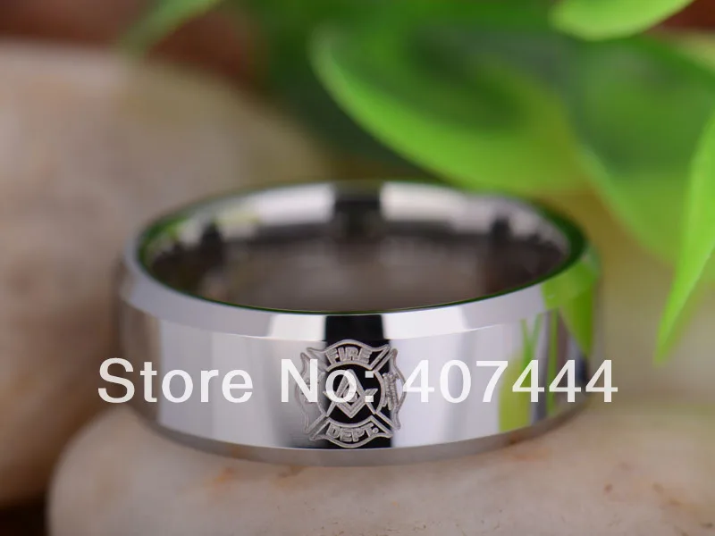 Free Shipping USA UK Canada Russia Brazil Hot Sales 8MM Silver Beveled Firefighter Masonic Men's Tungsten Carbide Wedding Ring