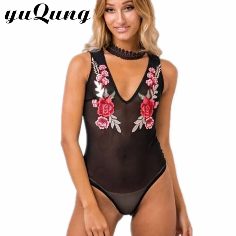 Yuqung Sexy Transparent Mesh Embroidery bodysuit top Women Sheer Sleeveless Romper Black Mesh Overalls Bodycon jumpsuit Black