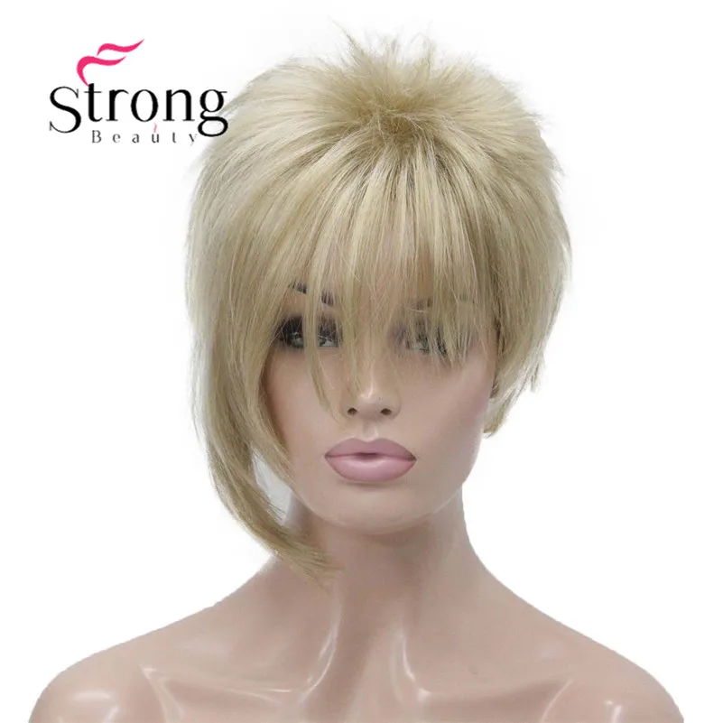 StrongBeauty Asymmetrische seitliche Pony-Perücke, blond, kurz, glatt, Kunsthaar, Farbauswahl