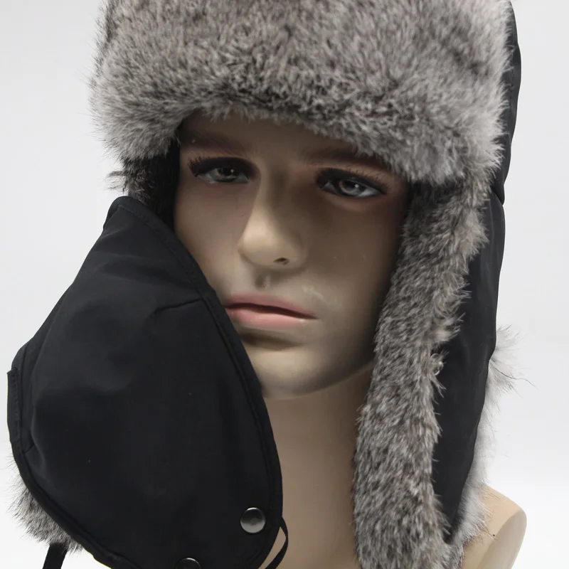 Winter Fur Cap Bomber Male Thickening Natural Rabbit Fur Winter Warm Hat Protection Face Mask Explosion Cap New 2024