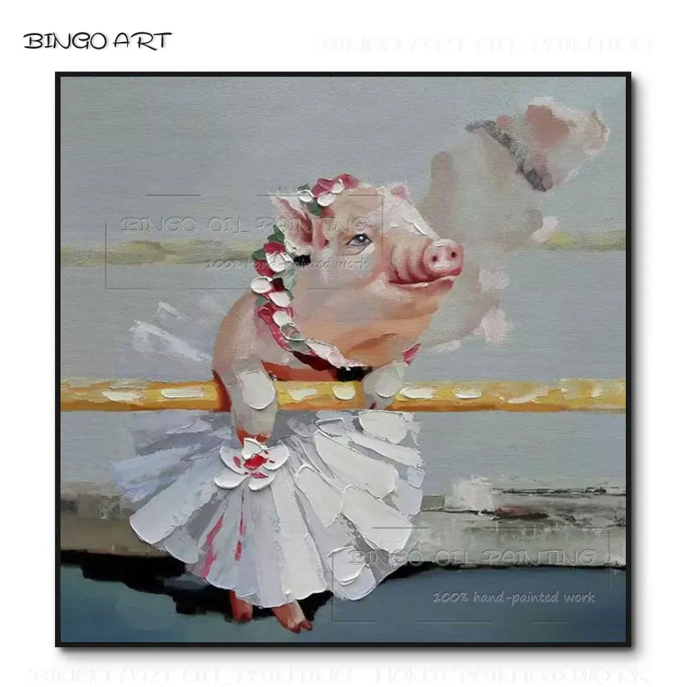 Low Price Hand-painted High Quality Modern Animal Lovely Pig Oil Paining on Canvas Cute Animal Pig Girl with Dress Oil Painting