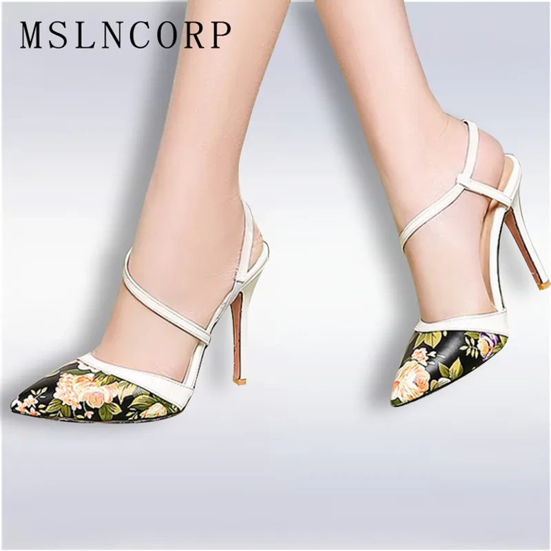 

Plus Size 34-48 Summer High Heels Sandals Dress Pointed Toe Bandage lady Pumps sexy Women Printing Leather party Wedding shoes