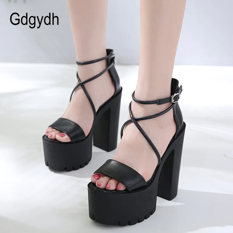 Gdgydh Platform Shoes For Summer Extreme High Heels Sandals Open Toe Fashion Buckle Block Heels Punk Black Leather Good Quality